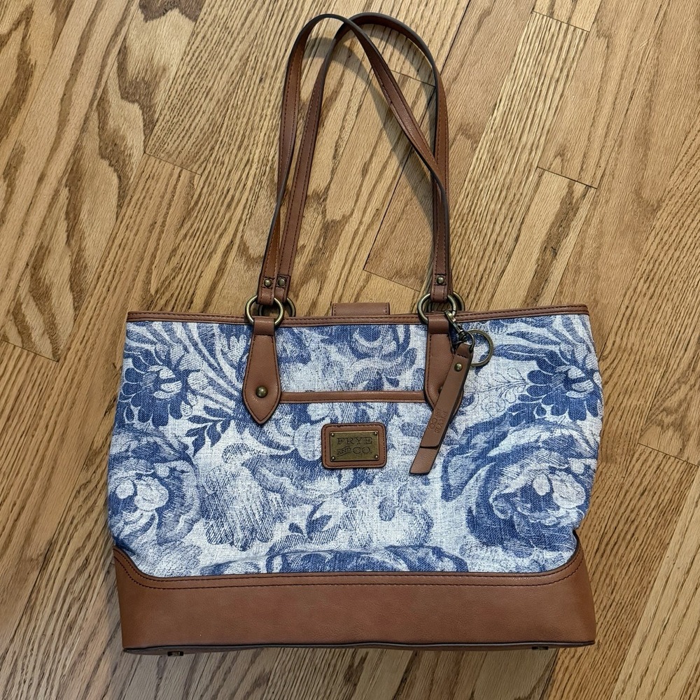 Frye and Co Floral Canvas Tote Bag Blue White Cognac Brown Boho Shoulder Purse